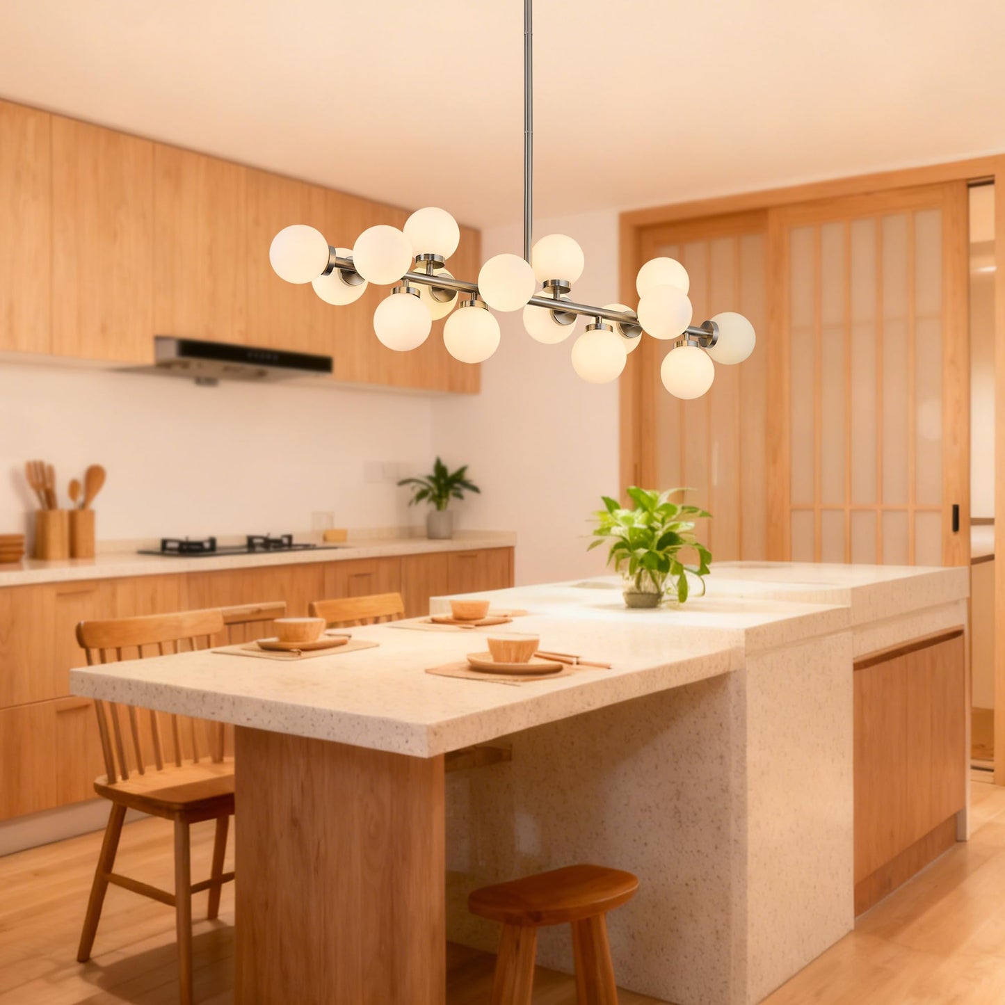 Linear Chandeliers Modern Brushed Nickel Chandeliers for Dining Room 16-Lights and White Glass Pendant Lighting Mid Century Globe Dining Light Fixture for Living Room Kitchen