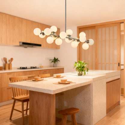 Linear Chandeliers Modern Brushed Nickel Chandeliers for Dining Room 16-Lights and White Glass Pendant Lighting Mid Century Globe Dining Light Fixture for Living Room Kitchen