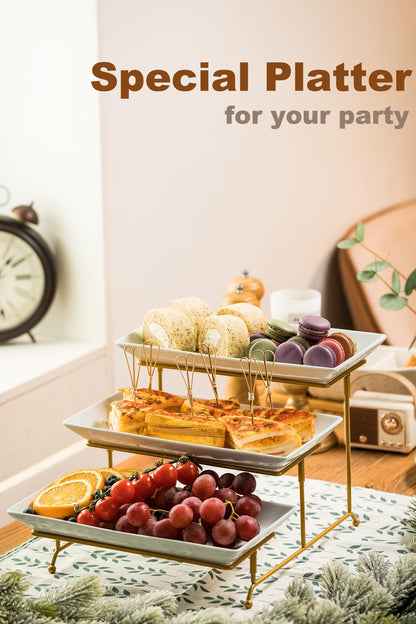 LAUCHUH 3 Tier Serving Tray, Porcelain Serving Platter Tier Serving Stand with Collapsible Sturdier Rack, Serving Trays and Platters Dessert Party Display Set for Mother's Day, Gold, 12 Inch