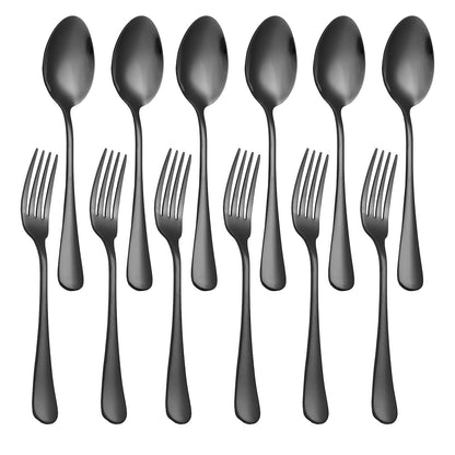 Set of 12, Stainless Steel Dinner Forks and Spoons Silverware Set, Heavy-Duty Forks (8 Inch) and Spoons (6.7 Inch) Cutlery Set, Dishwasher Safe (Black)