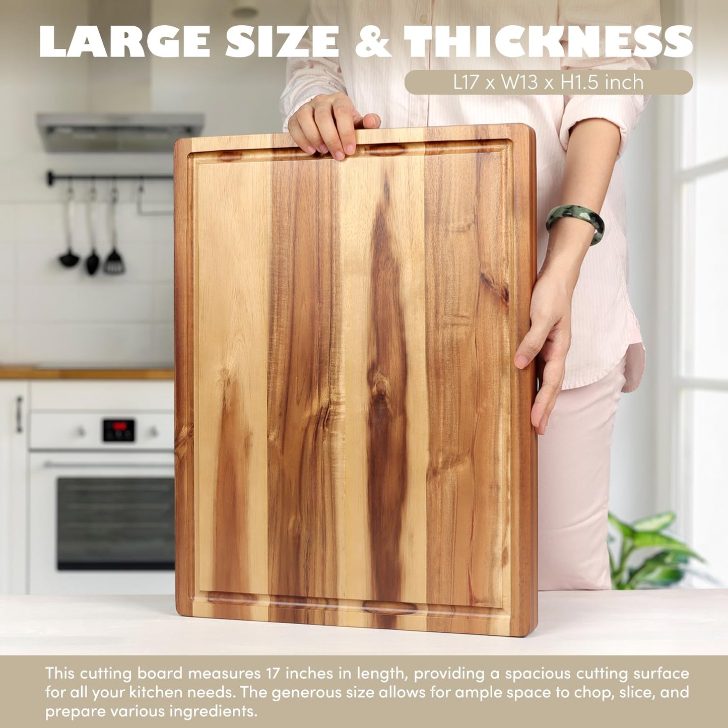 Acacia Wood Cutting Board (17x13x1.5in) and Wooden Butcher Block, Chopping Board - Reversible Multipurpose For Meat, Cheese Board, Vegetables, Bread...with Juice Groove, Cracker Holder & Inner Handles
