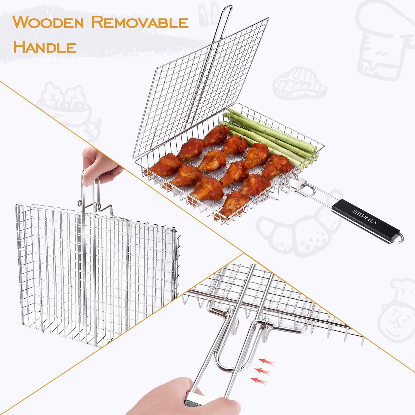 Portable Grill Basket, EISINLY BBQ Grilling Basket for Outdoor Grill with Removable Handle, Stainless Steel Camping Cooking Grill Accessories for Chicken Fish Vegetable