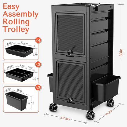 Trolley Premium Lockable Salon Trolley Cart with Wheels and 6 Drawers 2 Bucket,Versatile Salon Cart Hair Trolley on Wheels