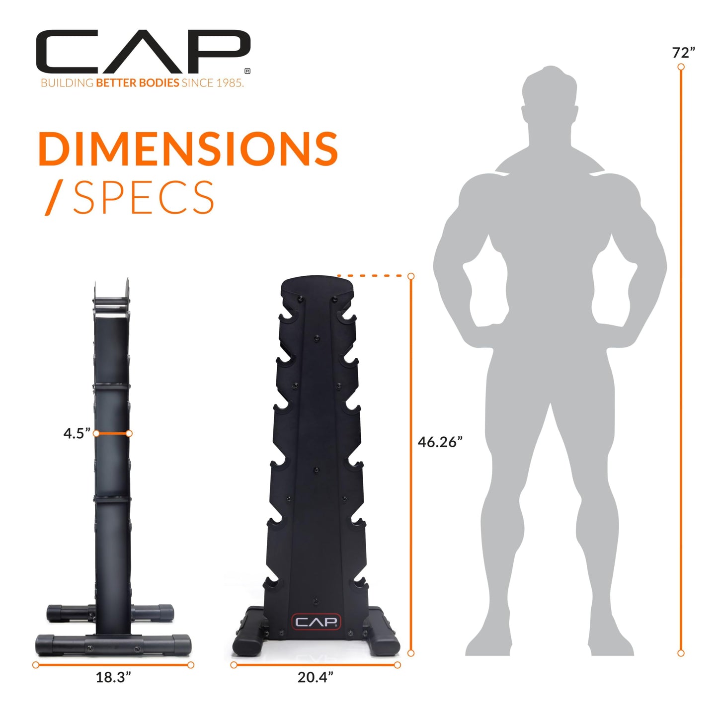 CAP 210 lb Rubber Coated 12-Sided Dumbbell Set with Vertical Rack, Space-Saving Storage for Home Gym Strength Training, Black Handle, Black Rack