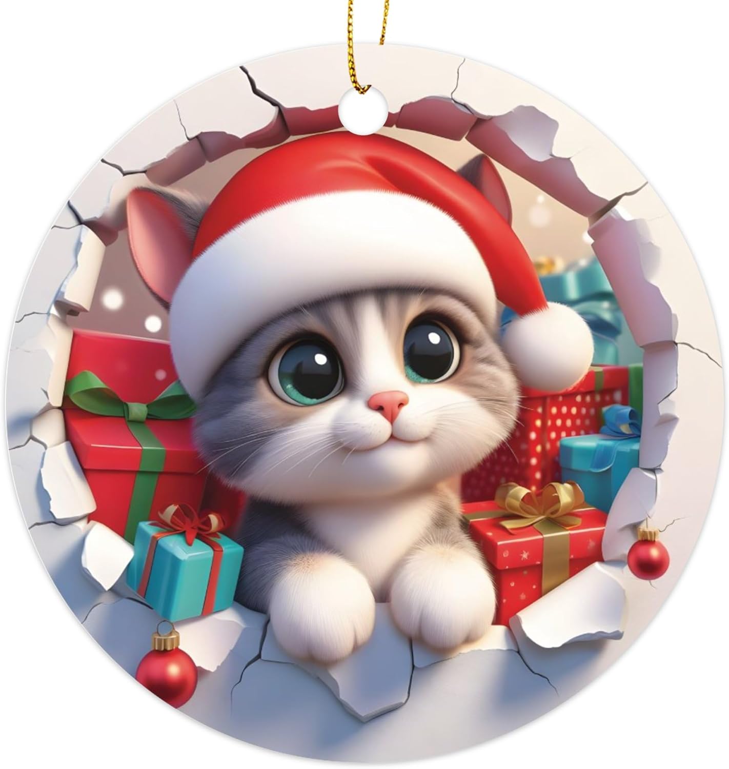 3D Cute Cat in Santa Hat Christmas Ornament - Fun 2023 Xmas Tree Decoration - 3" Round PVC Ornament Printed in USA