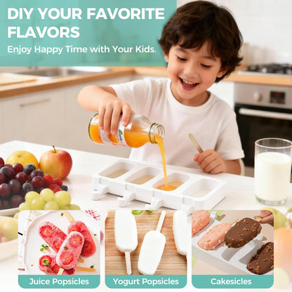 3 Set Popsicles Molds with Lids, Large Cake Pop Mold Cakesicle Mold 4 Cavities with 100 Wooden Sticks, Silicone Reusable Ice Pop Molds for Cake Pops, Ice Pops, Cakesicles, Ice Cream, White