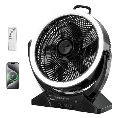 TUIAIAO Large 45000mAh Battery Operated Camping Fan Manual Tilt 50°, 12-Inch Blades Portable Rechargeable Outdoor Fan with 5 Speed, High Airflow, Cordless Floor Fan with Timer for Garage, Hurricane