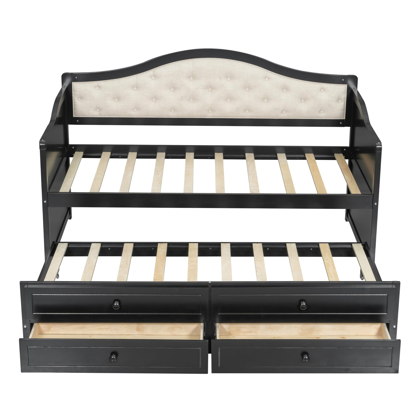 GDFStudio Twin Daybed with Trundle and 2 Storage Drawers, Upholstered Button Tufted Wooden Daybed Sofa Bed, Twin Size Pull Out Trundle Bed Frame for Living Room Bedroom Guest Room, Black