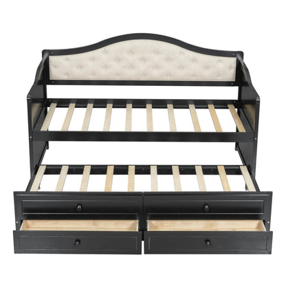 GDFStudio Twin Daybed with Trundle and 2 Storage Drawers, Upholstered Button Tufted Wooden Daybed Sofa Bed, Twin Size Pull Out Trundle Bed Frame for Living Room Bedroom Guest Room, Black