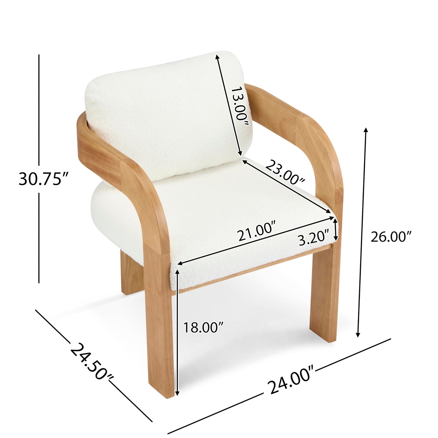 Christopher Knight Home Yorick Modern Boucle Dining Chair Set of 2 with Cushion, Solid Wood Dining Room Armchair Set, Curved Backrest Kitchen Side Chair, Living Room Comfy Extra Seat, Natural+White