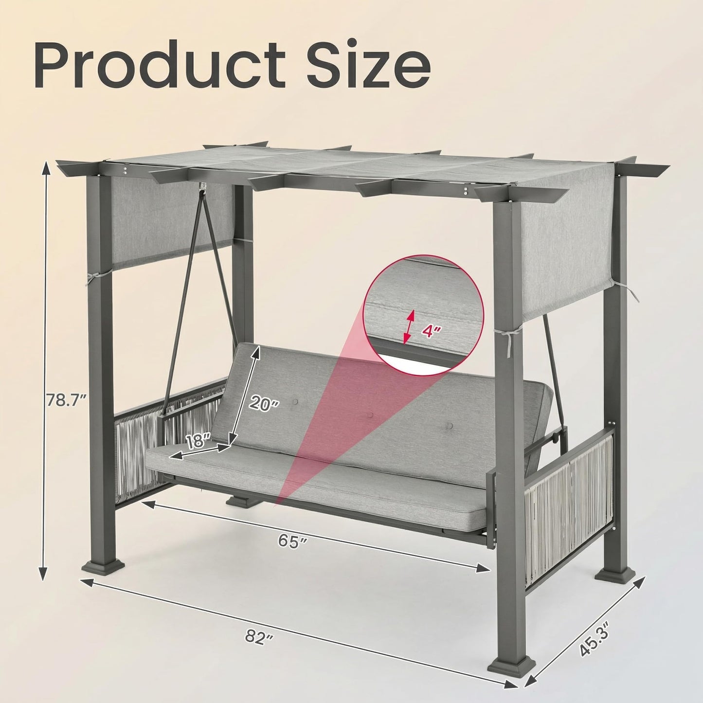 Pamapic 2-in-1 Convertible Porch Swing Bed, 3-Seat Elegant Patio Swing with Wicker Armrests, Outdoor Chair with Adjustable Canopy for Balcony, Garden, and Poolside, Gray