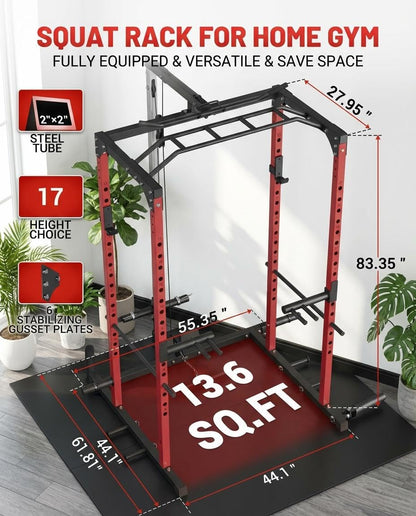 ExploreHorizon All-in-1 Power Cage with Pulley System, 1200LBS Multi-Functional Squat Rack for Home Gym, Weight Cage Includes LAT Pulldown, Dip Bars and More Attachments