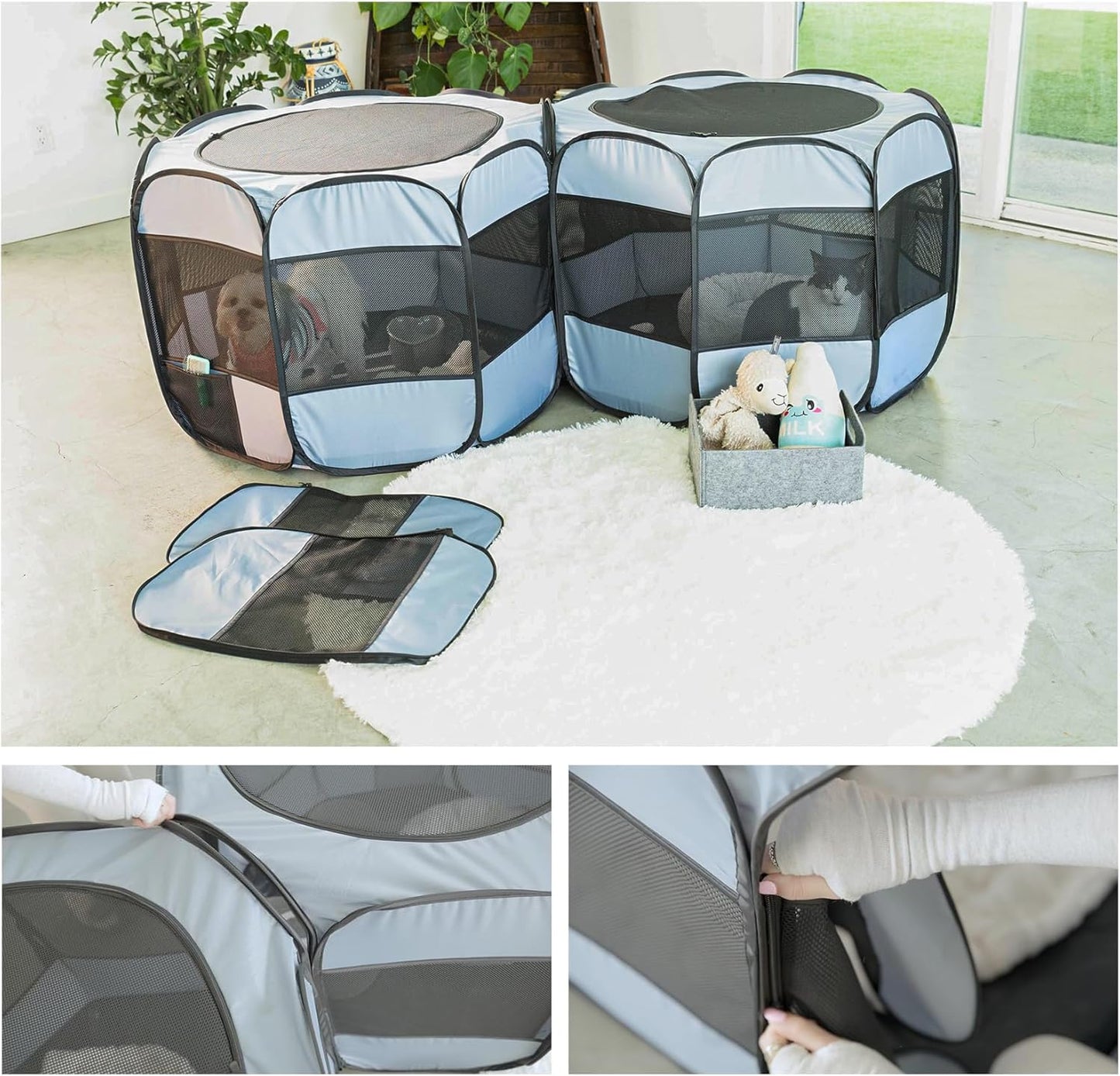 2-in-1 Cat Playpens, Detachable into 2 Separate Playpens with Additional 2 Doors, Portable Dog Playpen Cat Tent Enclosure for Kitten and Puppy Indoor Outdoor Use(S)