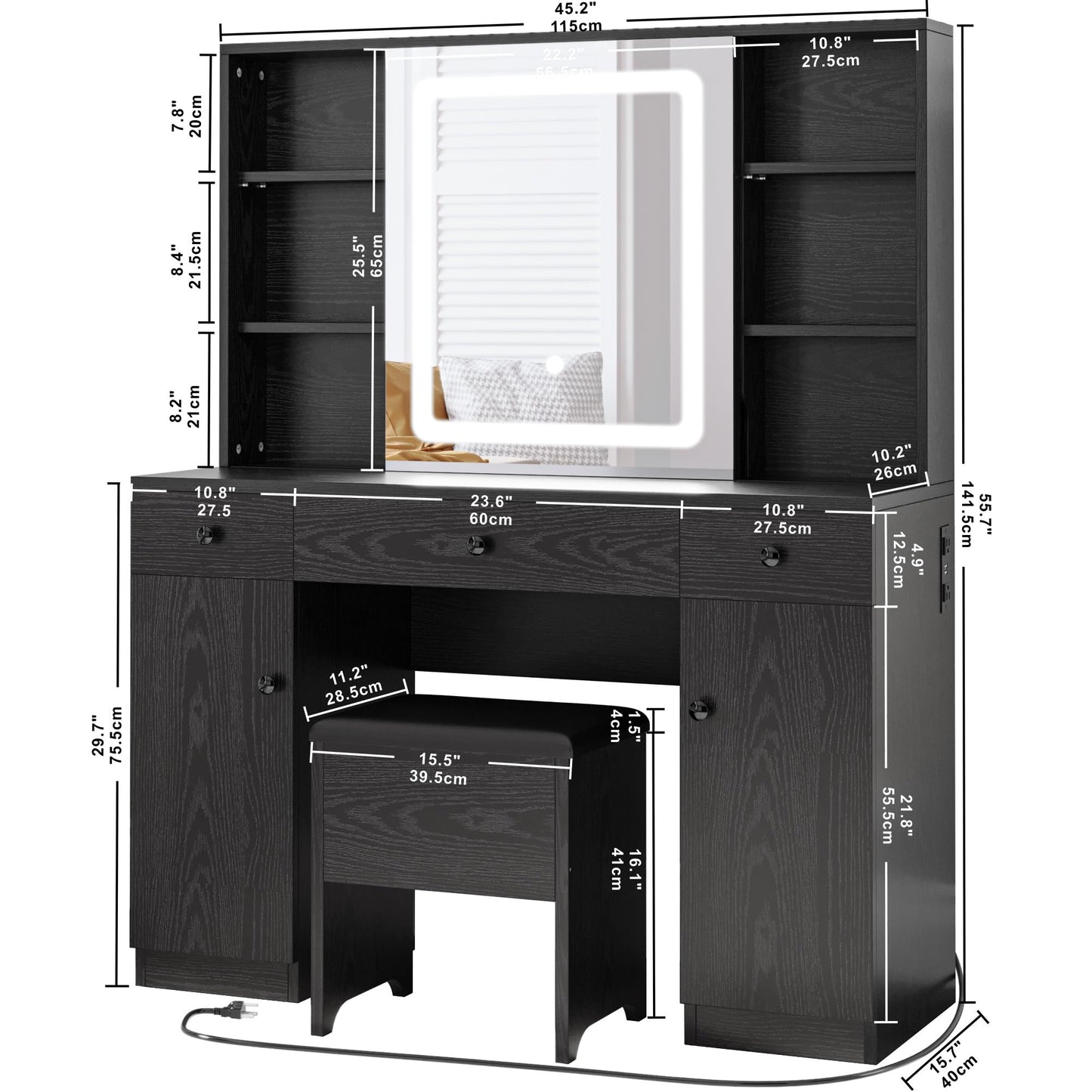 IRONCK Vanity Desk Set with Large LED Lighted Mirror & Power Outlet, 7 Drawers Vanities Dressing Makeup Table with Storage Bench, for Bedroom, Industrial Style Black