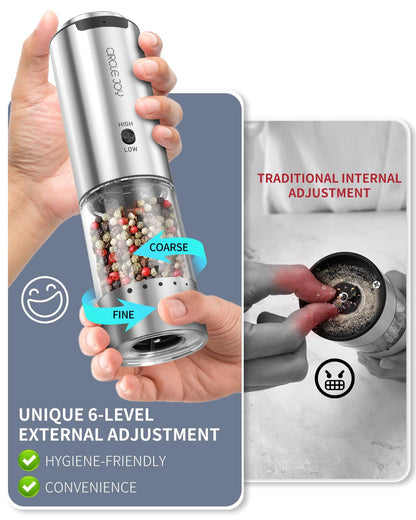 CIRCLE JOY Electric Pepper Grinder Stainless Steel Rechargeable Pepper Mill with Variable Grinding Speed, External Adjustable Coarseness, 95ml Container and White LED Light, Silver