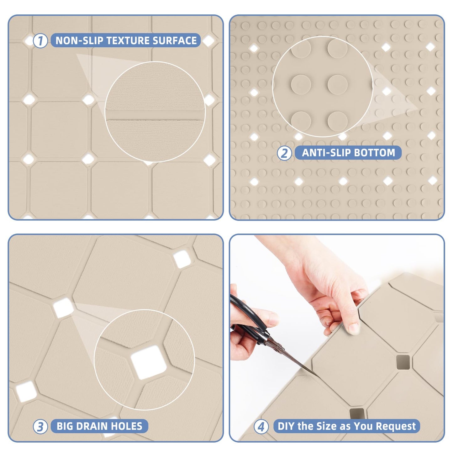MEIMEIDE Shower Mat Non Slip 21"x21" Silicone Foldable Bath Mat with Suction Cups & Drain Holes, Odorless, Eco-Friendly & Durable, Machine Washable Shower Stall Mat for Adults, Seniors Beige