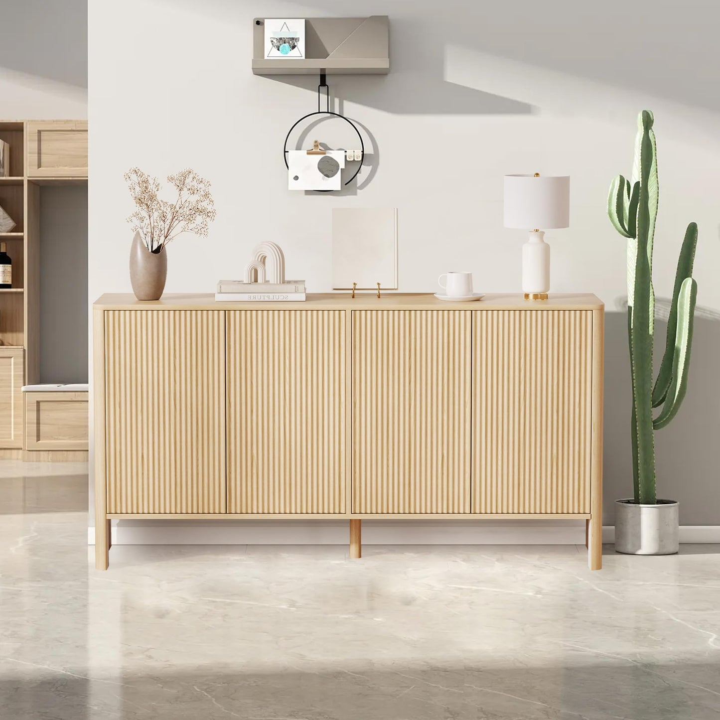 GAOMON 58inch Sideboard Buffets Cabinet, Large Wood Fluted Coffee Bar Cabinet Console Table with 4 Fluted Doors and Storage Adjustable Shelf for Living Room Kitchen Entryway, Natural Oak