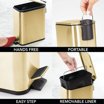 mDesign 1.3 Gallon Rectangular Slim Metal Trash Can w/ Foot Pedal, Easy-Close Lid, Narrow Wastebasket, Garbage Container Bin - Bathroom, Bedroom, Kitchen, Home Office, Removable Liner- Soft Brass