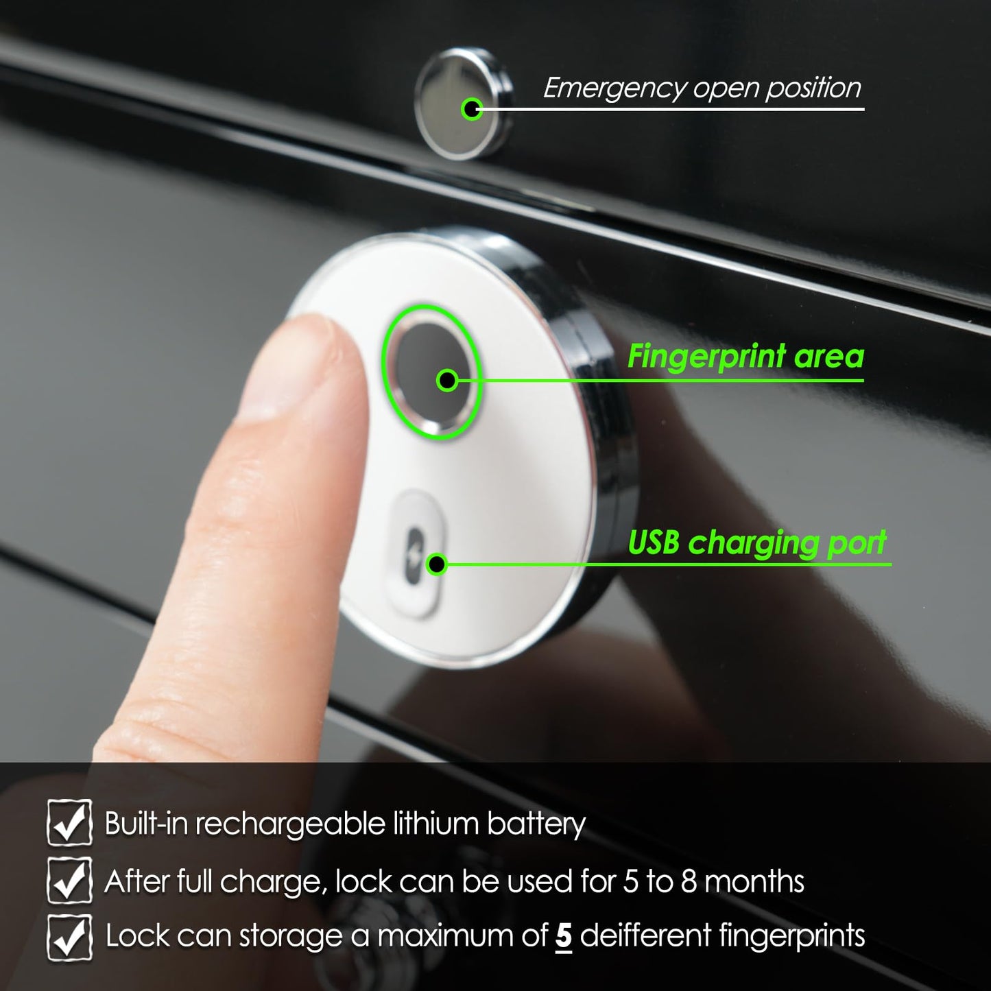 SYENS Jewelry Box with Fingerprint Lock, Black Wood Piano Lacquer Jewellery Organizer Storage Box with Drawer, 3-layer Full Lockable, for Women or Men's gift