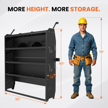 EONECROSS Cargo Van Shelving 4 Tier 52" W x 60" H x 13" D, Heavy Duty Steel Work Van Storage System for Ford Transit, Promaster, Sprinter, Chevy Express, Tool Organizer for Electricians, Contractors