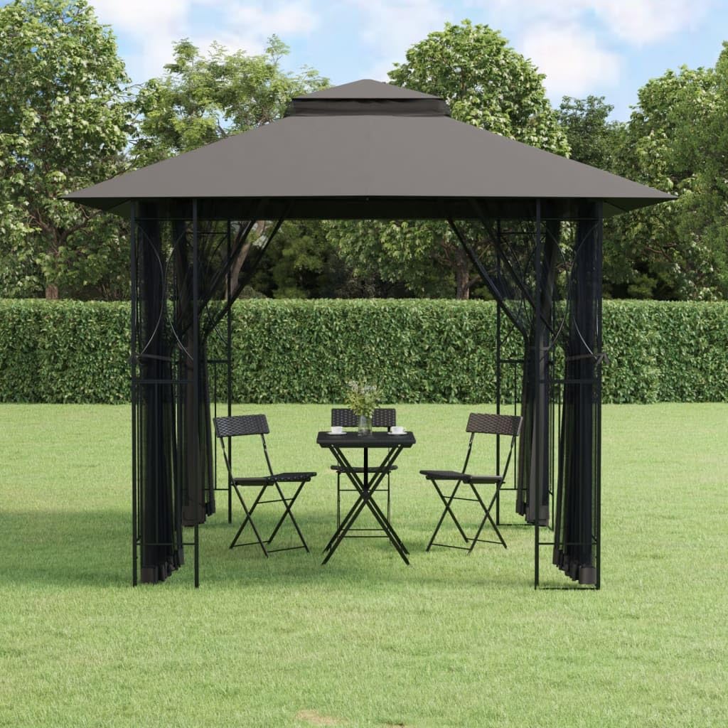 Anthracite Steel Gazebo with Sidewalls, 118.1"x118.1" Outdoor Canopy Tent, Double-Tiered Roof, Patio Gazebo for Garden Parties Lawn Structures