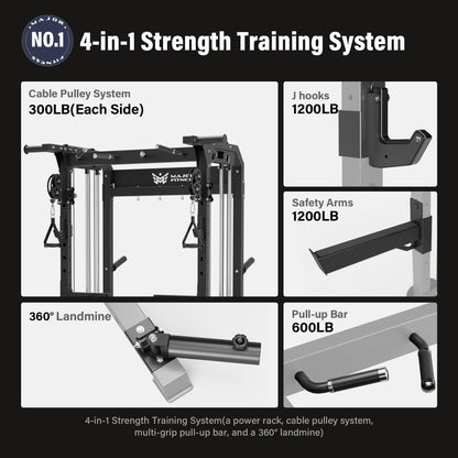 MAJOR FITNESS F22 Power Rack with Weight Bench – 1600lbs All-in-One Squat Rack with Cable Crossover, Dual Pulley, Heavy-Duty Steel Frame, Attachments & Storage for Home Gym Strength Training, Black