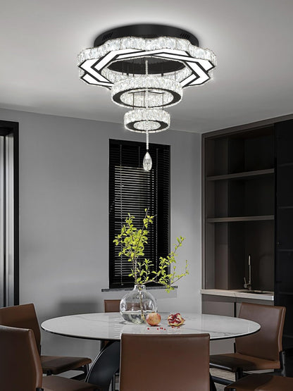 Flashing God Modern Crystal Chandeliers Dia 24" Black Chandelier Flush Mount Ceiling Light for Bedroom Living Room Dining Room Hallway Dimmable 3 Rings LED Celing Lighting Fixtures