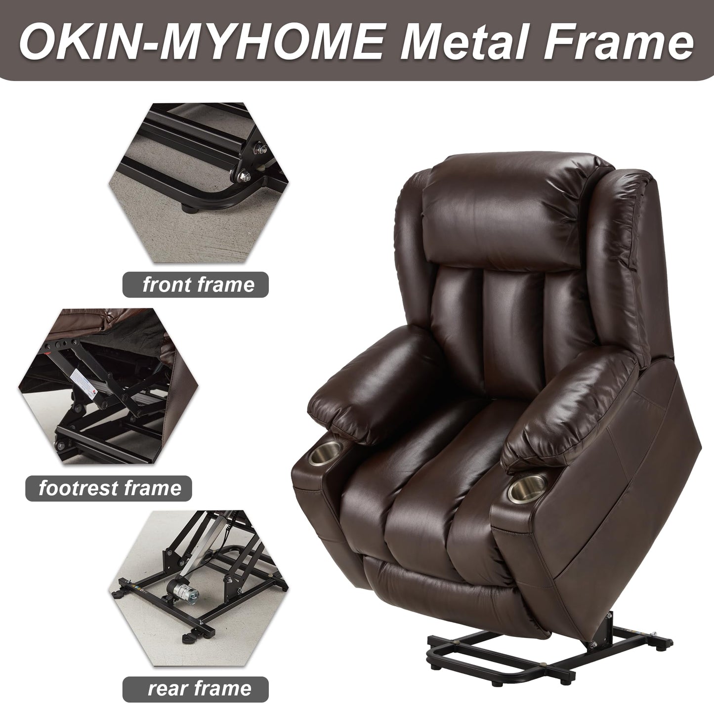 Outspurge Large Power Lift Recliner Leather Chair Sofa with Massage & Heat, Lazy Boy Chair with Cup Holders, USB & Type-C Ports, Remote Control (Brown)