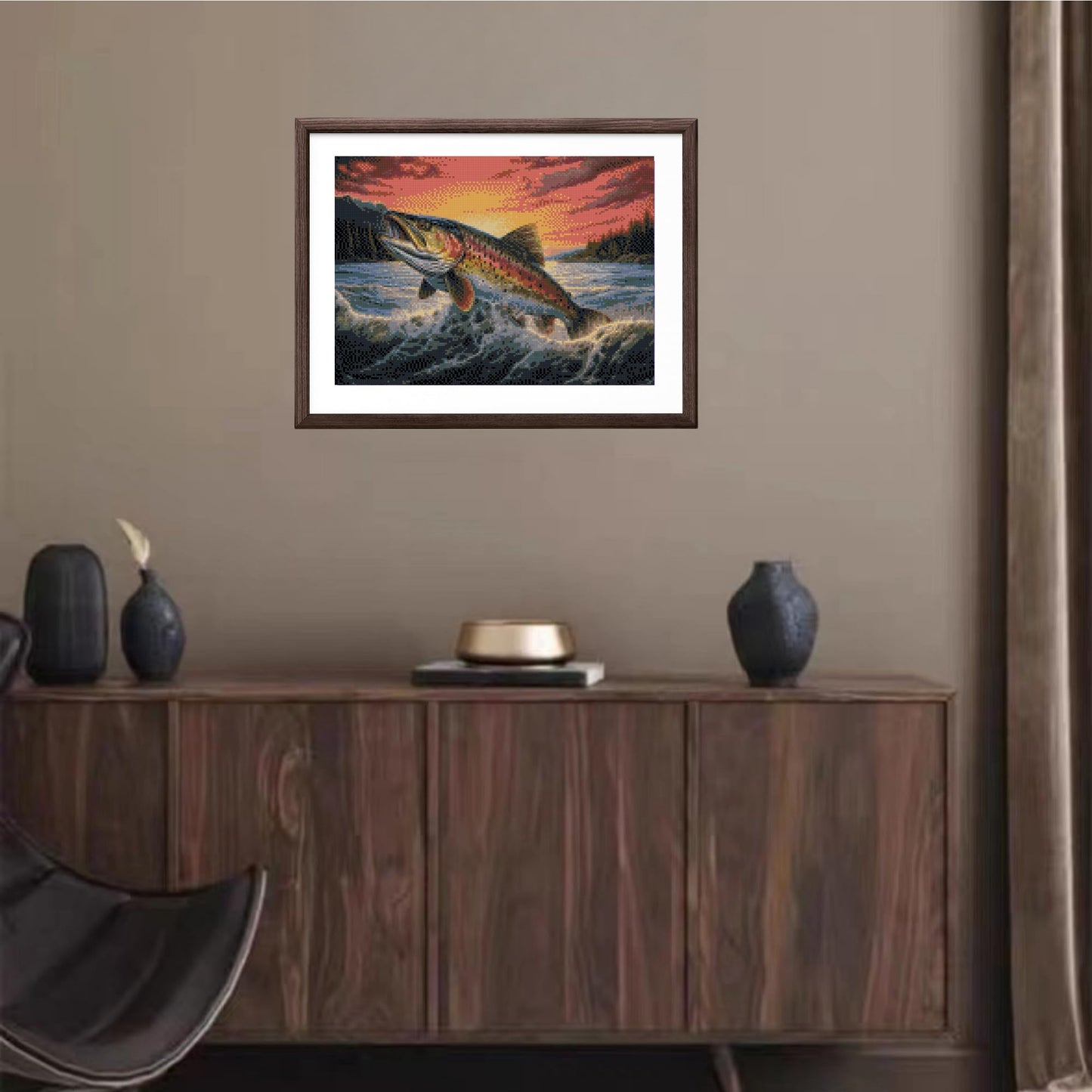 Trout Fish Jump from Water Sunset DIY 5D Diamond Art Painting by Number Kits for Adults Paint with Round Full Drill Diamond Gems Painting Art Craft for Home Wall Decor 11.8x15.8in(1)