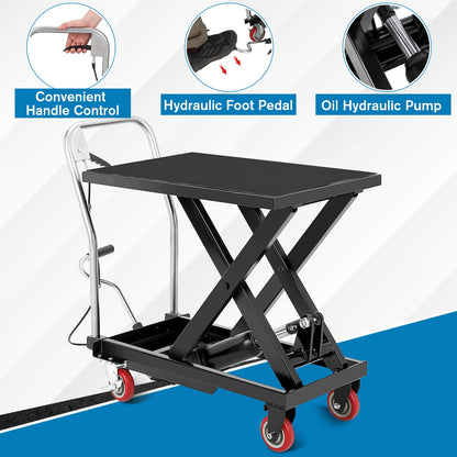 COZONY Heavy Duty Hydraulic Lift Table Cart – 330 lbs Capacity – Manual Single Scissor Platform – Adjustable Height 11-28.5 in – Non-Slip Platform – 4 Locking Wheels – For Workshop & Warehouse – Black