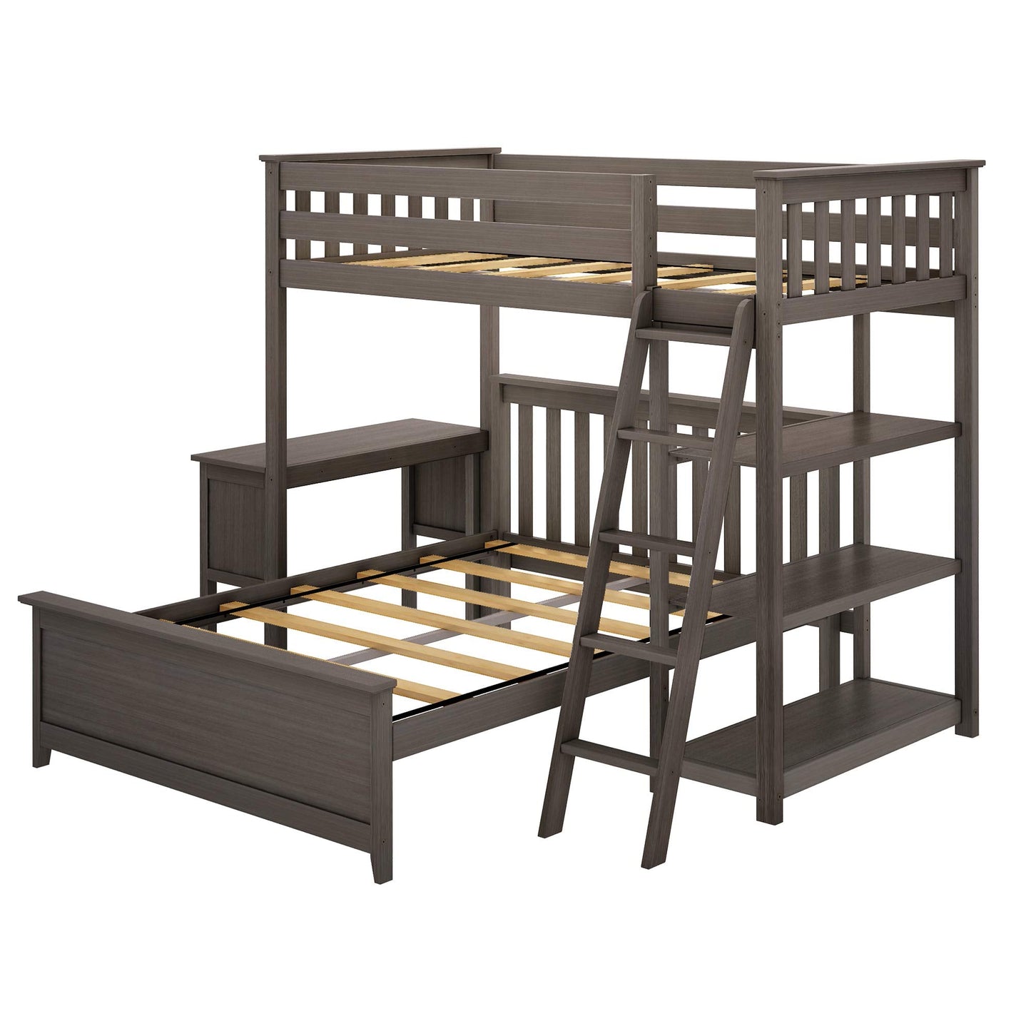 Max & Lily Bunk Bed, L Shape Twin-Over-Full Bed Frame For Kids With Bookcase and Desk, Clay
