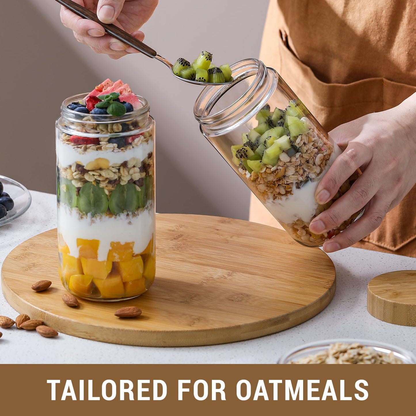 NETANY 4-pack 16oz Glass jars with Airtight Lids, Overnight Oats Containers with Bamboo Lids, Wide mouth Mason Salad jars, Glass Food Storage Containers for Snacks Yogurt Spice Sugar