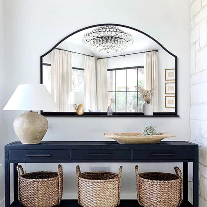 Chende 47''x32'' Large Wall Mirrors for Decor, Black Bathroom Mirror with Removable Shelf, Elegant Scallopd Mirror with Arched Frame for Entryway, Living Room, Mantel, Bedroom