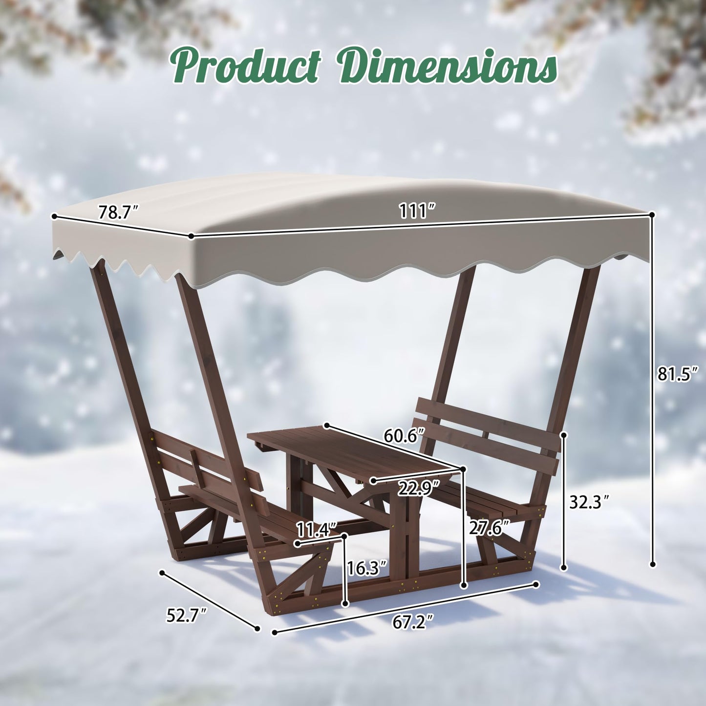 BIFULDYO Outdoor Picnic Table with Benches and Removable Canopy, 6 Person Waterproof Solid Wood Table and Chairs Set for Patios, Gardens, Decks, Parks, Beaches