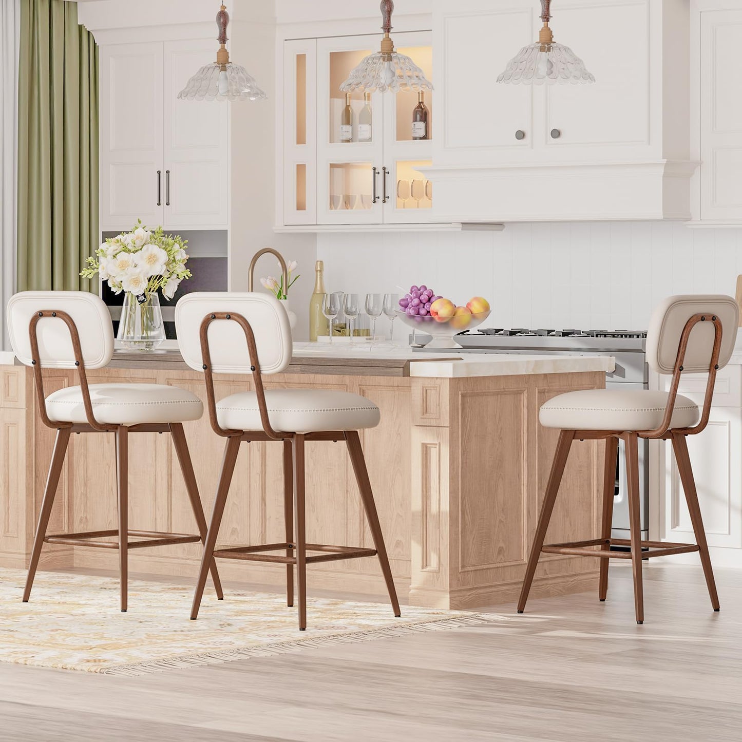 MALOL 26“ Swivel Bar Stools Set of 4, Mid Century PU Leather Counter Height Bar Chairs with Low Back and Metal Legs, Modern Bar Stool Chair for Kitchen Island, Beige