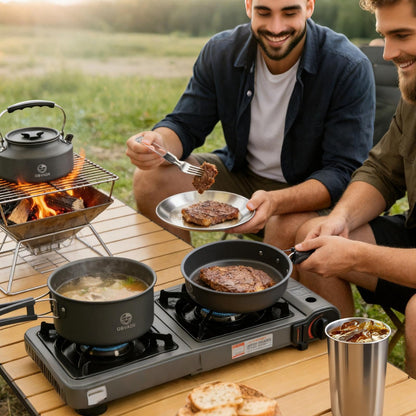 17-Piece Camping Cooking Set with Kettle, Non-Stick Anodized Aluminum Camping Cookware Set – Portable Pot & Pan Kit for Outdoor Hiking, Picnics, Backpacking, Survival, Mesh Carry Bag Included