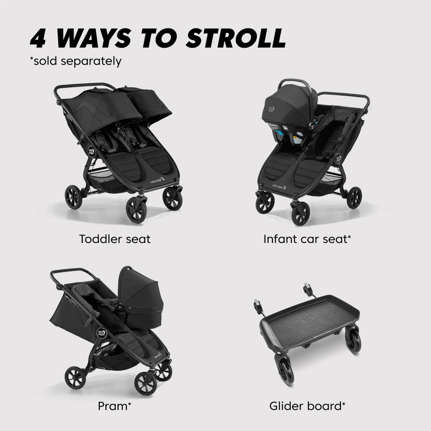 Baby Jogger® City Mini GT2 All-Terrain Side by Side Double Stroller, Twin Stroller for Newborns and Toddlers, Compatible with Britax, Cybex, Graco, and Maxi Cosi Infant Car Seats, Jet Black