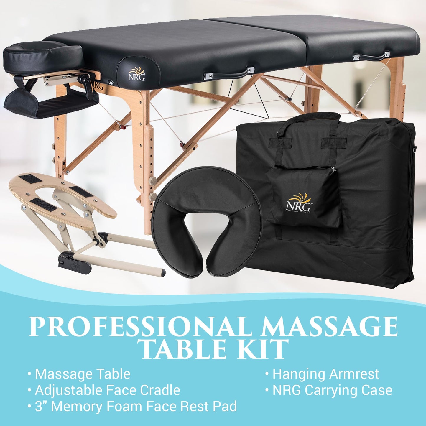 NRG Vedalux Portable Massage Table Package | Black | Folding Lightweight Massage Bed | Professional Spa Table with Face Cradle, Hanging Armrest & Carrying Case