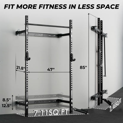 Mikolo 2" x 2" Folding Wall Mounted Squat Rack, 1000 Pounds Capacity Power Rack with Safety Catches, Pull Up Bar, J Hooks and Landmine Attachment, Space-Saving Home Gym(Black