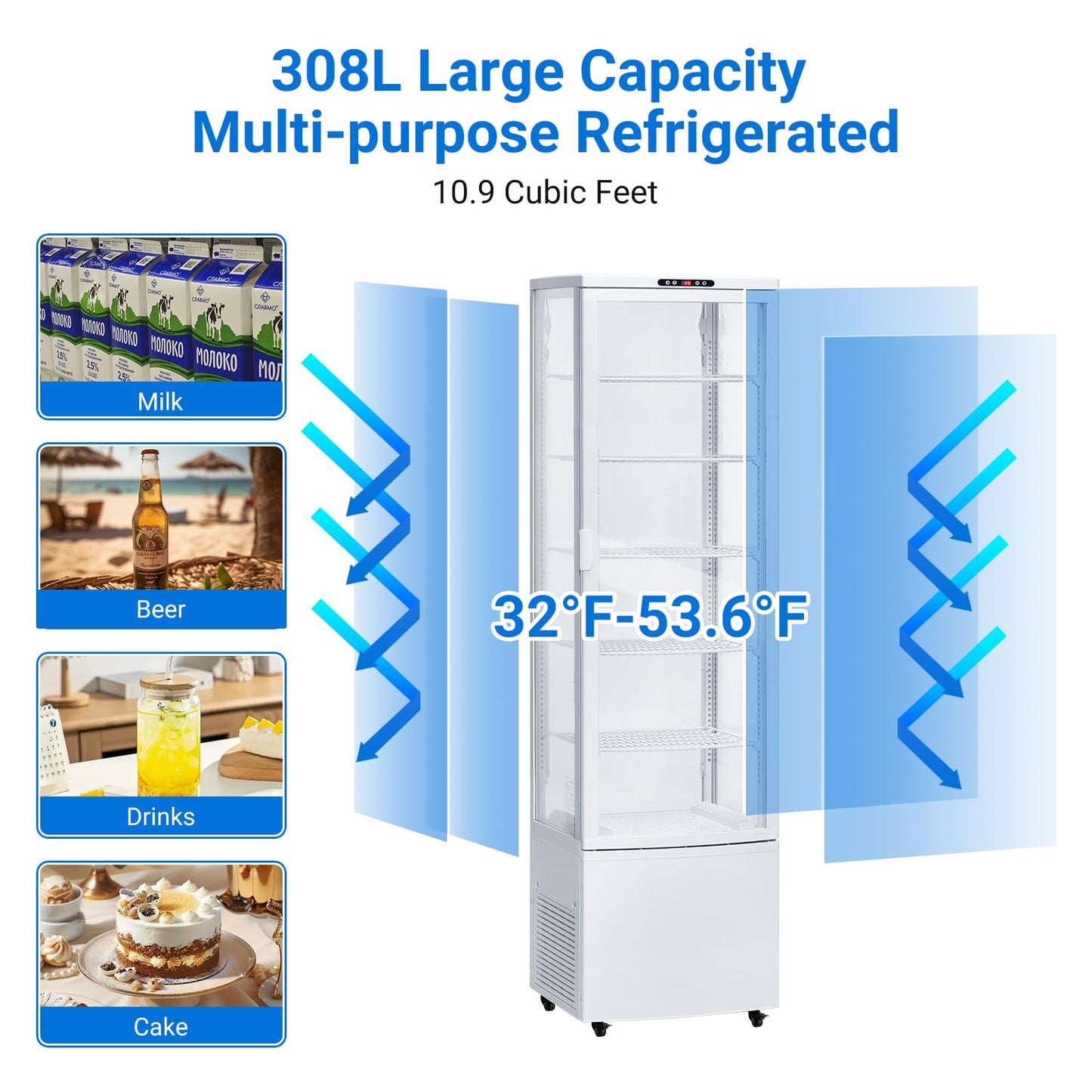 Takywep Commercial Display Refrigerator Case 10.9 Cu.ft, Floor-Standing Display Refrigerator with LED Light & Adjustable Shelves, Fridge Display Cabinet with Casters for Cakes, Coffee, Bakery, Store
