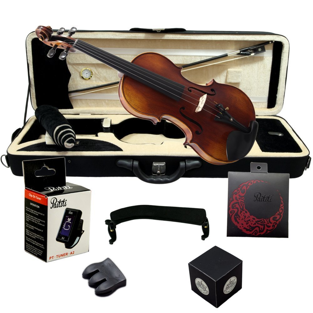Paititi 4/4 Full Size PTVNSH100 Premium Hand Carved Ebony Fitted Violin Outfit with Case, Bow, String, Tuner, Mute and Rosin