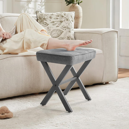 Sweetcrispy Vanity Stool Ottoman, Square Linen Makeup Stool Metal X Legs, Small Footstool Chair for Vanity, Modern