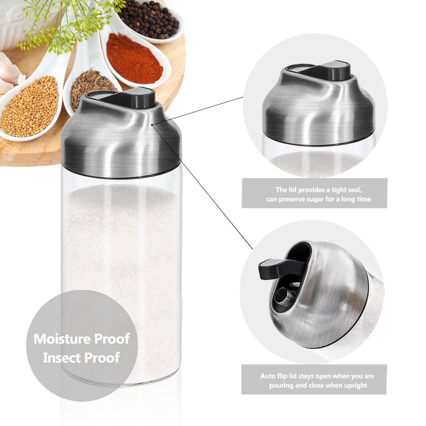 Aelga 12 OZ Glass Sugar Dispenser with Pour Spout, Weighted Pourer, for Coffee, Tea & Baking