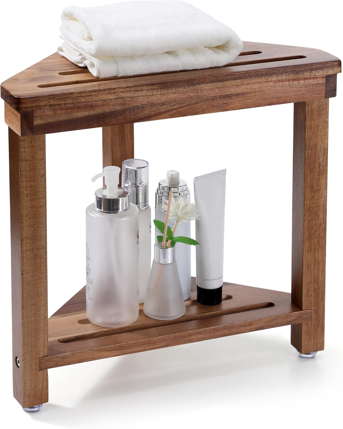 14in, Boulphia Shower Foot Rest Acacia Wood Shower Stool for Shaving Legs, Waterproof Corner Shower Stool with Storage