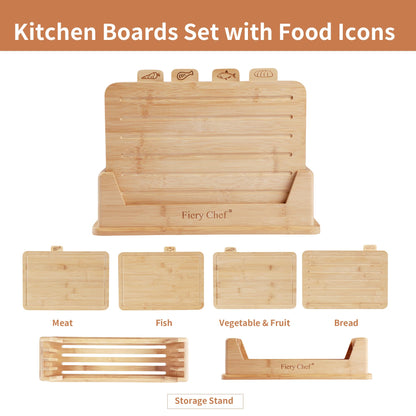 Fiery Chef 14.56"L x 11"W Bamboo Cutting Board Set of 4 - Wood Cutting Board Set with Holder, Chopping Boards Set with Food Icons, Juice Groove - Ideal for Meat, Fish, Bread, Vegetable, Fruit Chopping
