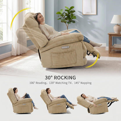 EONIX Dual Motor Power Swivel Rocking Recliner Chair for Living Room, Armless Oversized Shell Shape Lazy Boy Rocker Recliner, Plush Fabric Thickened Cushion, Elevated Soft and Comfort, Beige