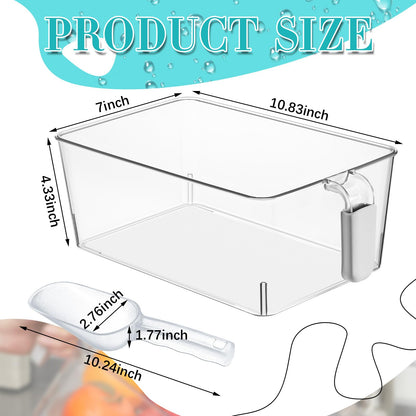 Havawish 2 Set Ice Storage Bin and Flexible Scoop Set Plastic Freezer Bin with Pull out Handle Storage Bucket Clear for Container with Scoop (gray, 10.83 x 7 x 4.33 in, Classic)