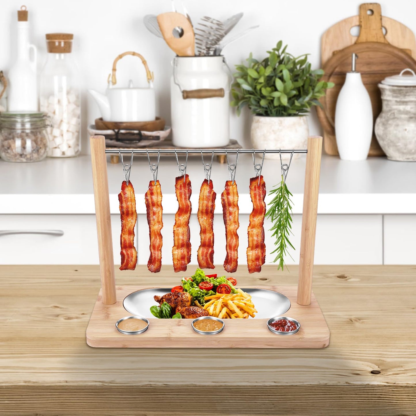 Triceratops Bacon Display Rack, Wood Bacon Serving Dishes, Bacon Hanger Charcuterie Cheese Board with Stainless Steel Serving Platter Tray