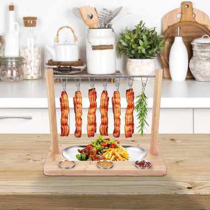 Triceratops Bacon Display Rack, Wood Bacon Serving Dishes, Bacon Hanger Charcuterie Cheese Board with Stainless Steel Serving Platter Tray