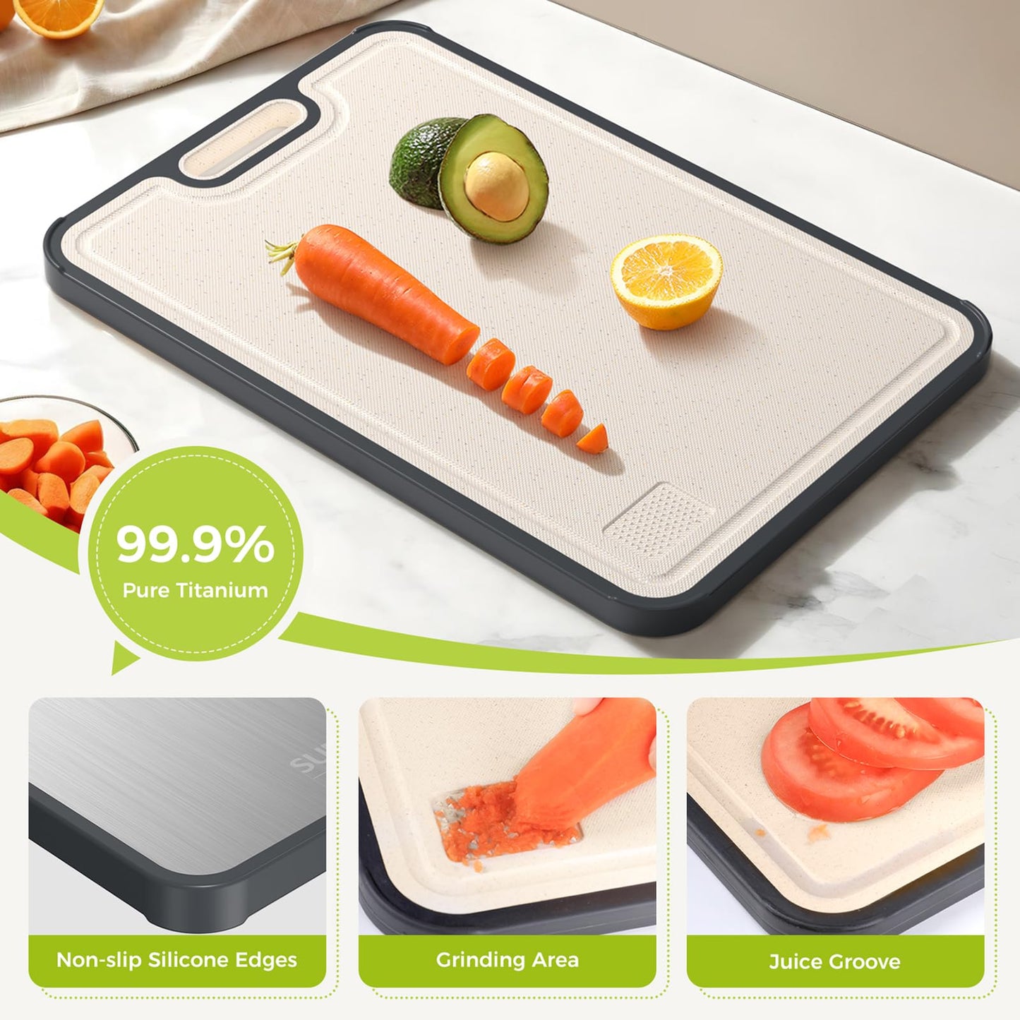 Sumzzz Titanium Cutting Board for Kitchen, Non Toxic 2-in-1 Cutting Board Double Sided Food Grade Pure Titanium, Knife Friendly Easy to Clean Large Size 15”×10.3”